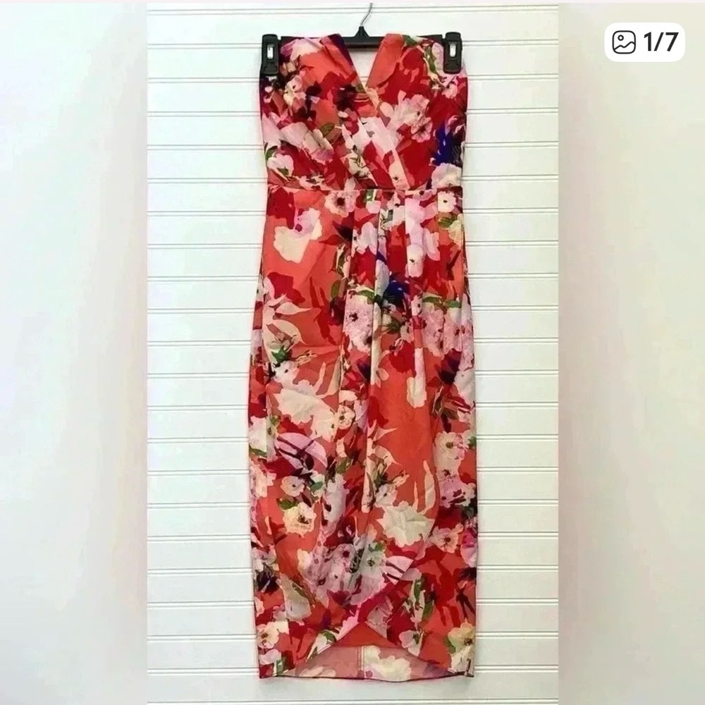 Yumi Kim Strapless Floral Midi Dress Size Small Red&pink Wrap Dress